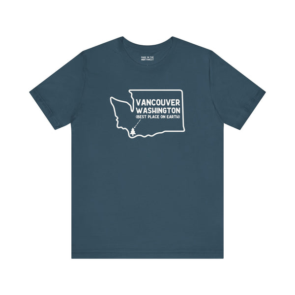 Vancouver Washington premium soft tee showcasing state outline and charming design, perfect for hometown pride.