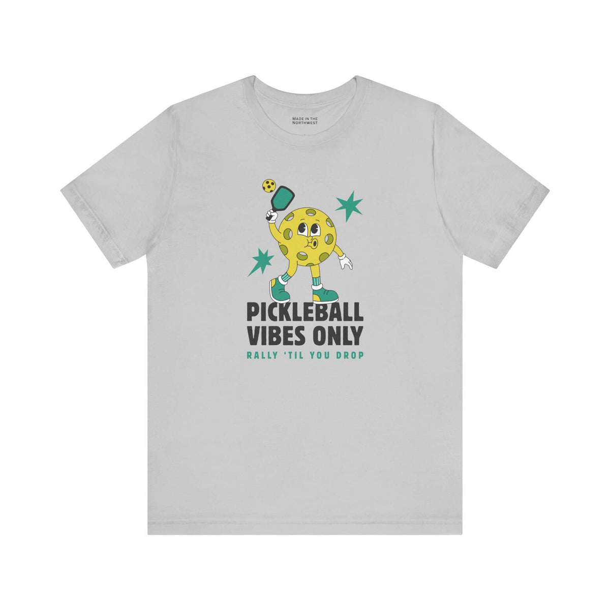 Pickleball Vibes Only T Shirt featuring a retro pickleball character with a paddle and vibrant design.