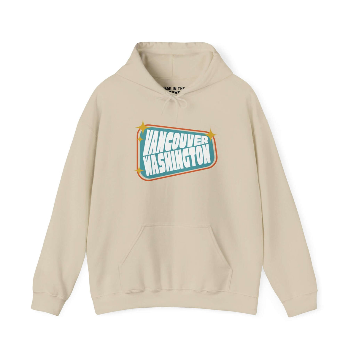 Retro Vancouver Washington sign hoodie with 50s-inspired design and nostalgic colors.