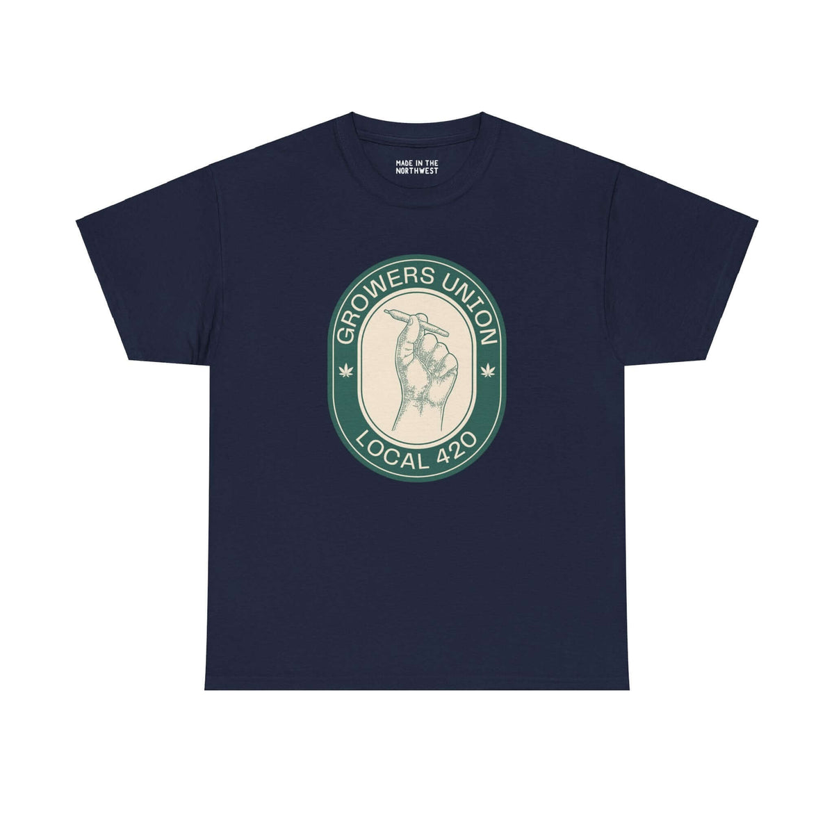 Grower's Union Local 420 Athletic Tee with hand holding joint illustration on navy fabric, celebrating 420 culture.