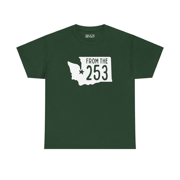 "Green From the 253 athletic tee with Washington state outline and Tacoma star, showing local pride and area code representation."