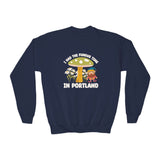 I Had the Fungus Time in Portland kids sweatshirt with colorful mushroom and gnome design on navy background.