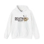 "White hoodie with 'Death Before Decaf' text and skull mug graphic for coffee enthusiasts"