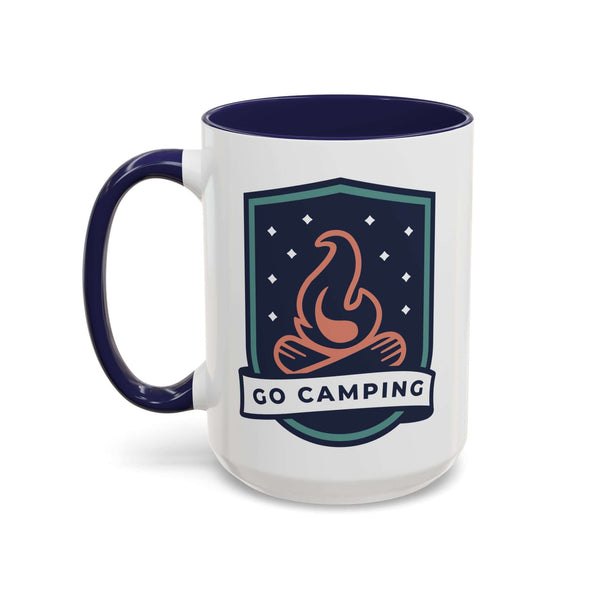 Go Camping Coffee Mug featuring a campfire design and star accents, perfect for outdoor enthusiasts.