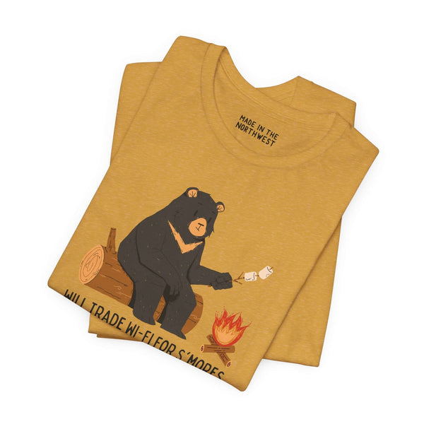 Will Trade Wi-Fi for S'mores tee featuring a bear roasting marshmallows by a cozy campfire.