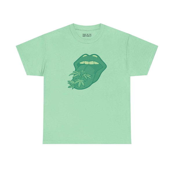 Tongue Tied and Lifted athletic tee featuring a green mouth design with marijuana leaves on a light green shirt.