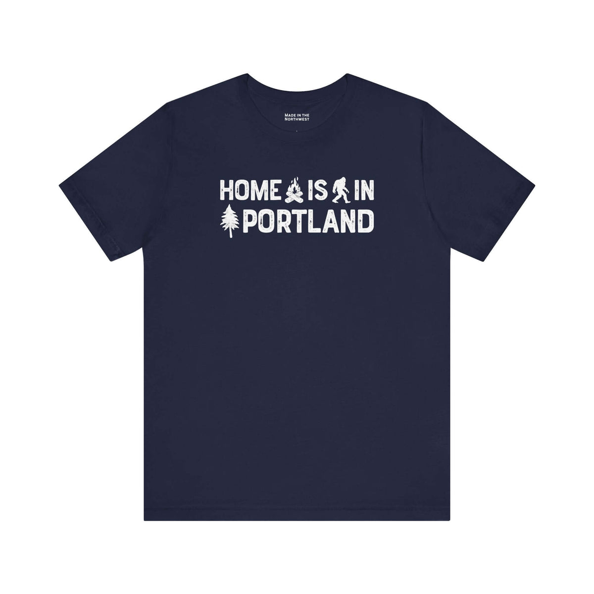 Home Is in Portland Tee – Rose City Pride Shirt featuring text and illustrations on navy blue fabric.
