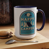 Happy Camper Mug featuring a cozy camping design with a tent, moon, and pine trees, perfect for outdoor enthusiasts.