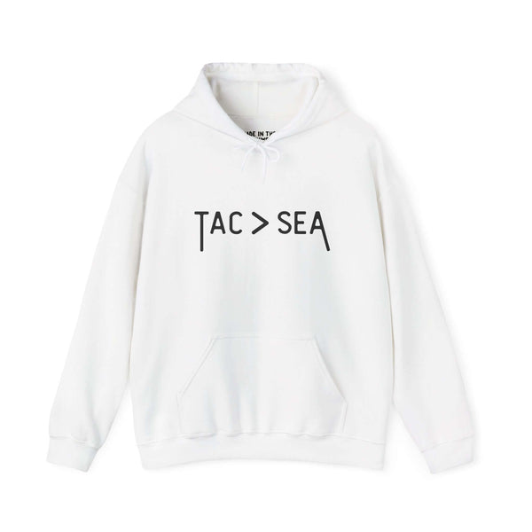 White hoodie featuring 'TAC > SEA' text for Tacoma pride and style.
