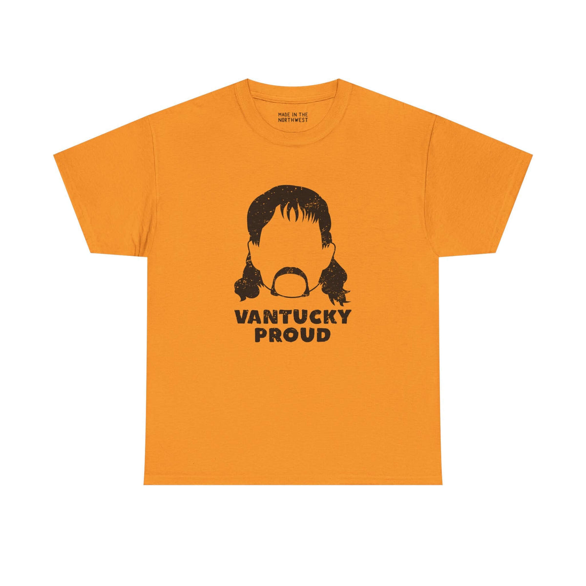 Orange Vantucky Proud tee featuring a graphic of Rusty McCoy's iconic hairstyle and mustache.
