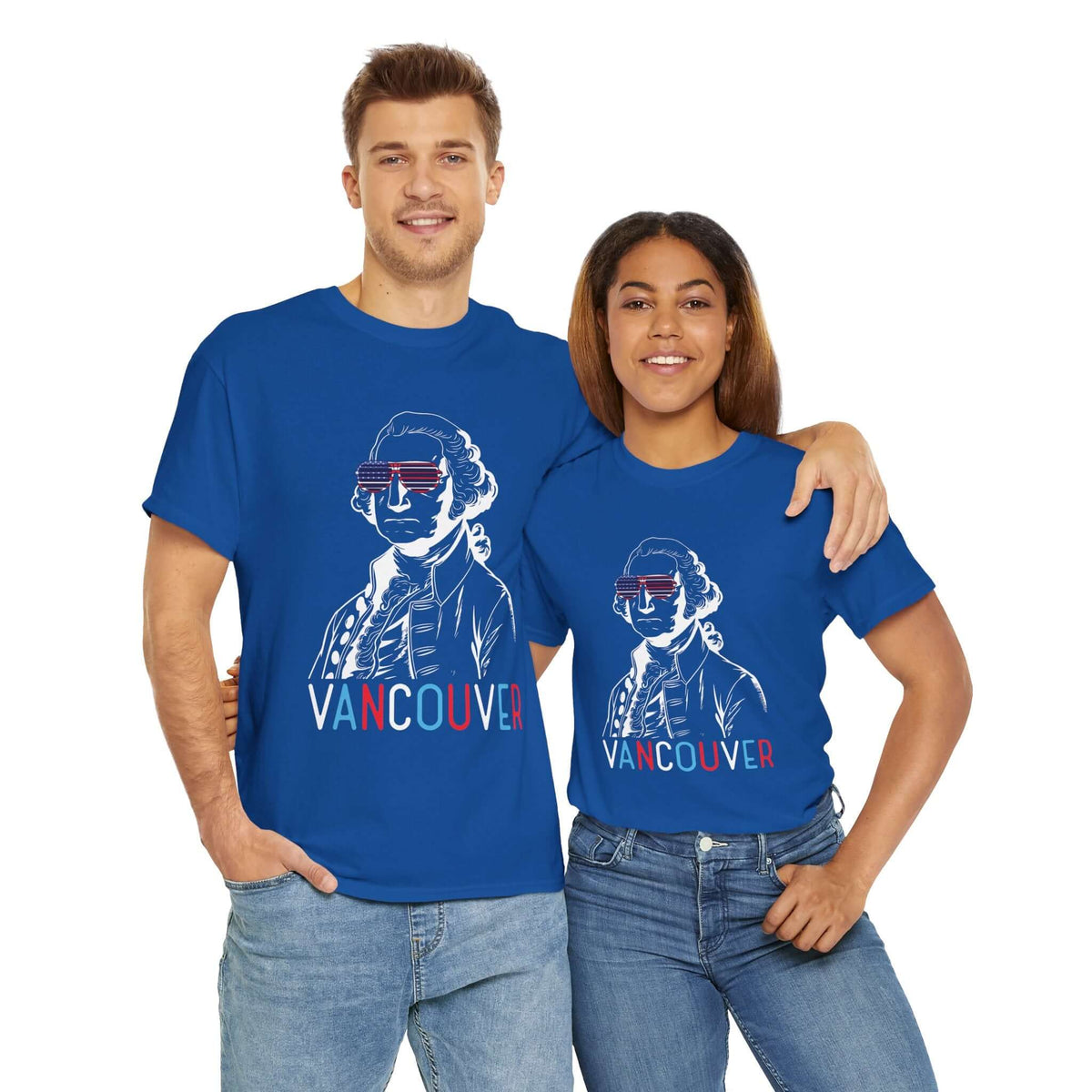 Couple wearing George Vancouver tees with USA sunglasses, Vancouver in patriotic colors for Fourth of July celebration.