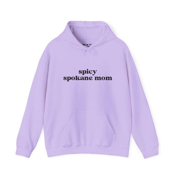 Lavender hoodie with 'spicy spokane mom' text, perfect for active Spokane moms.