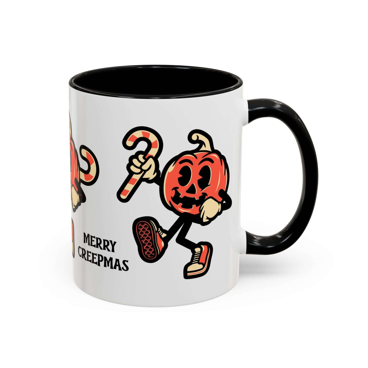 Merry Creepmas Mug featuring a playful pumpkin carrying a candy cane design, perfect for holiday cheer.
