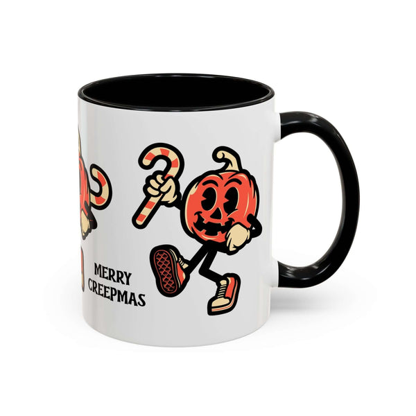Merry Creepmas Mug featuring a playful pumpkin carrying a candy cane design, perfect for holiday cheer.