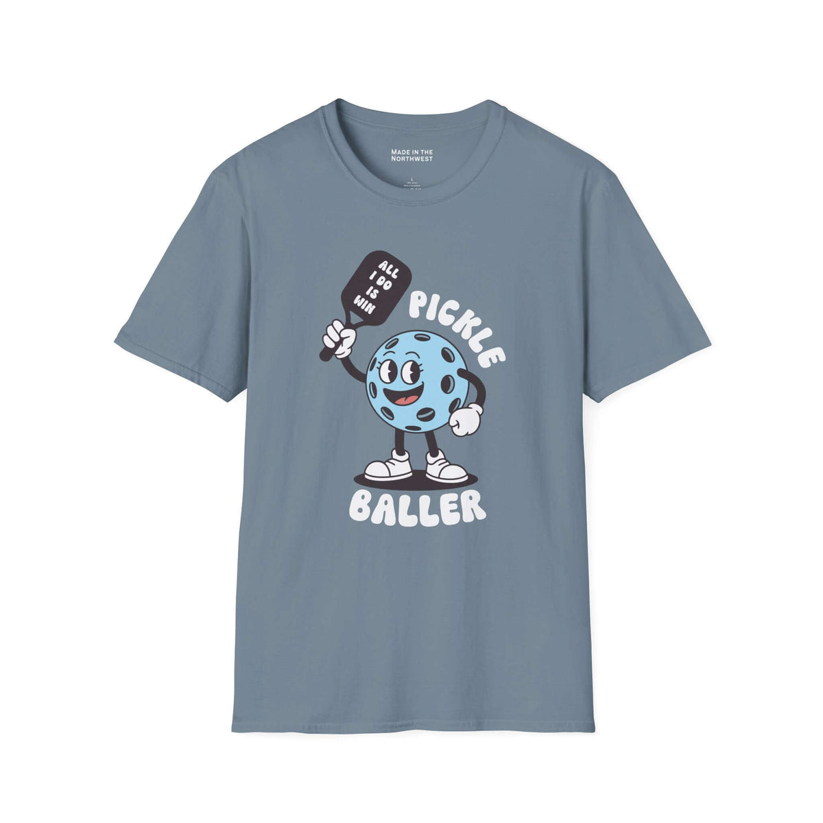 Pickle Baller T Shirt featuring a playful pickleball character with a racquet and playful caption.