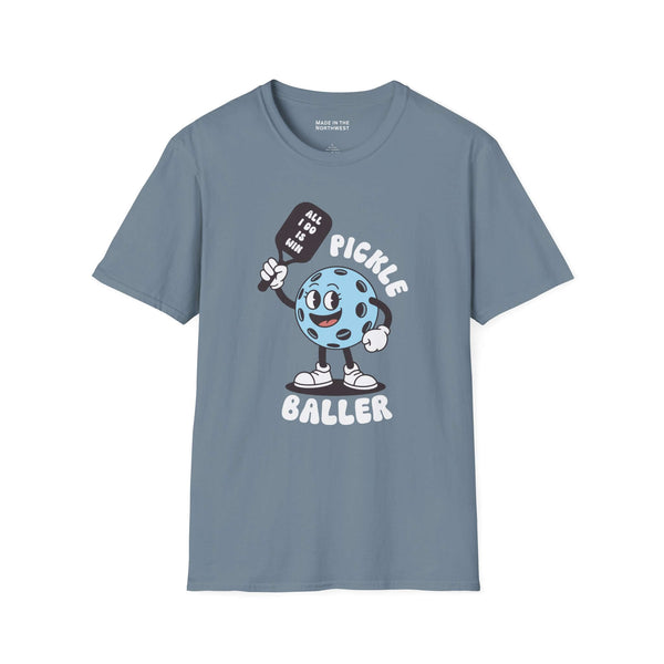 Pickle Baller T Shirt featuring a playful pickleball character with a racquet and playful caption.