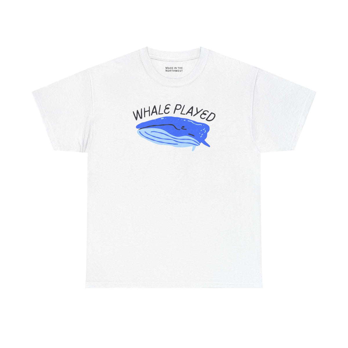 Whale Played Tee featuring a cheeky whale illustration on a white t-shirt.