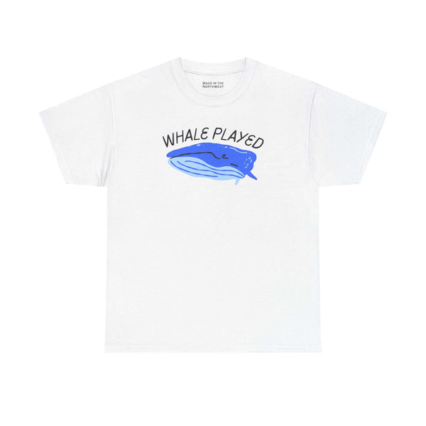 Whale Played Tee featuring a cheeky whale illustration on a white t-shirt.
