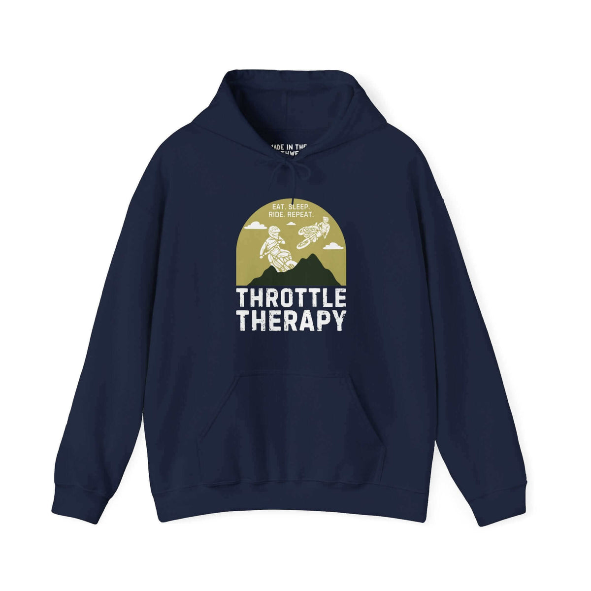 "Throttle Therapy Hoodie with dirt bikers and mountain backdrop for motocross enthusiasts seeking adventure and adrenaline."