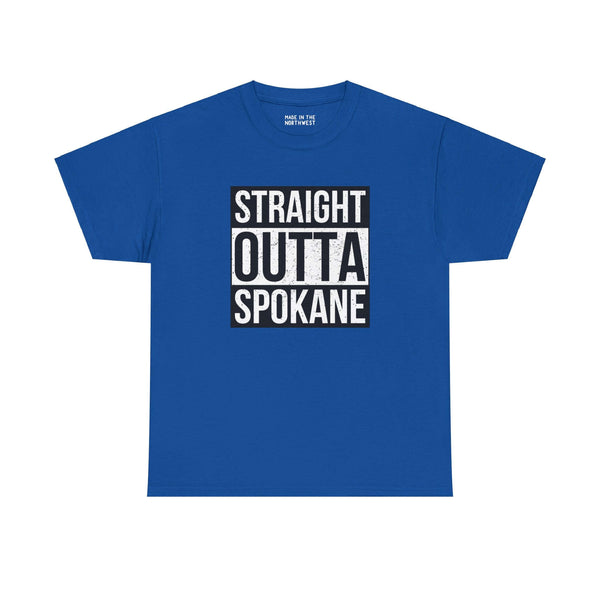 Blue "Straight Outta Spokane" athletic tee with bold city pride design inspired by streetwear styles.