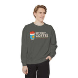 But First Coffee sweatshirt showcased on a model, perfect for cozy morning routines and coffee lovers.