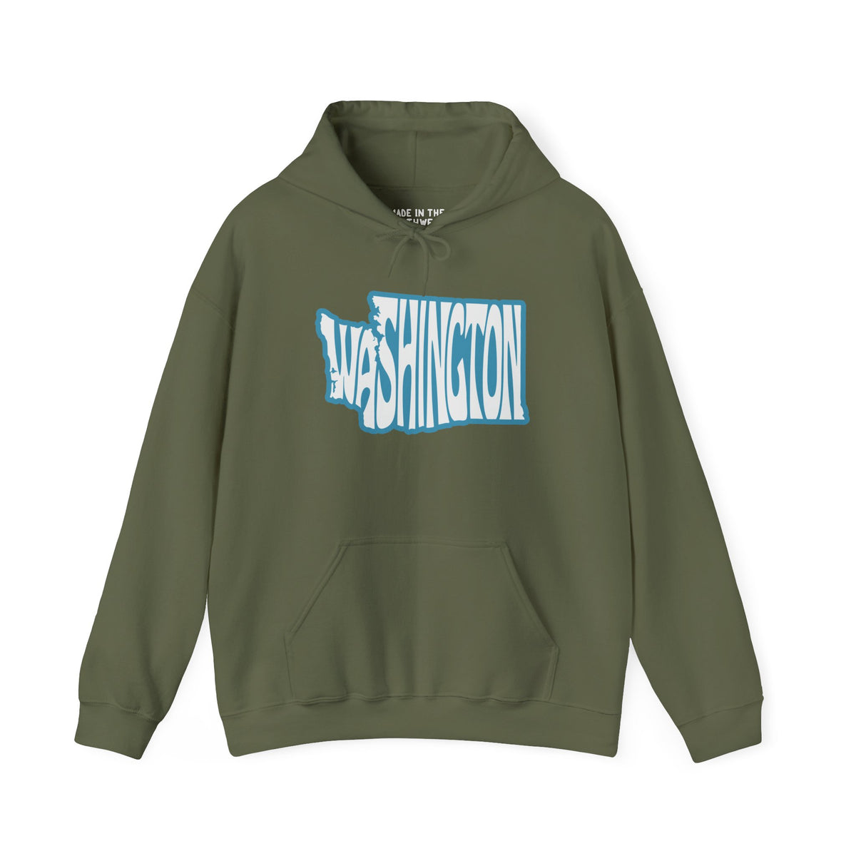 Olive green Washington State of Mind typography hoodie featuring state-shaped text design.