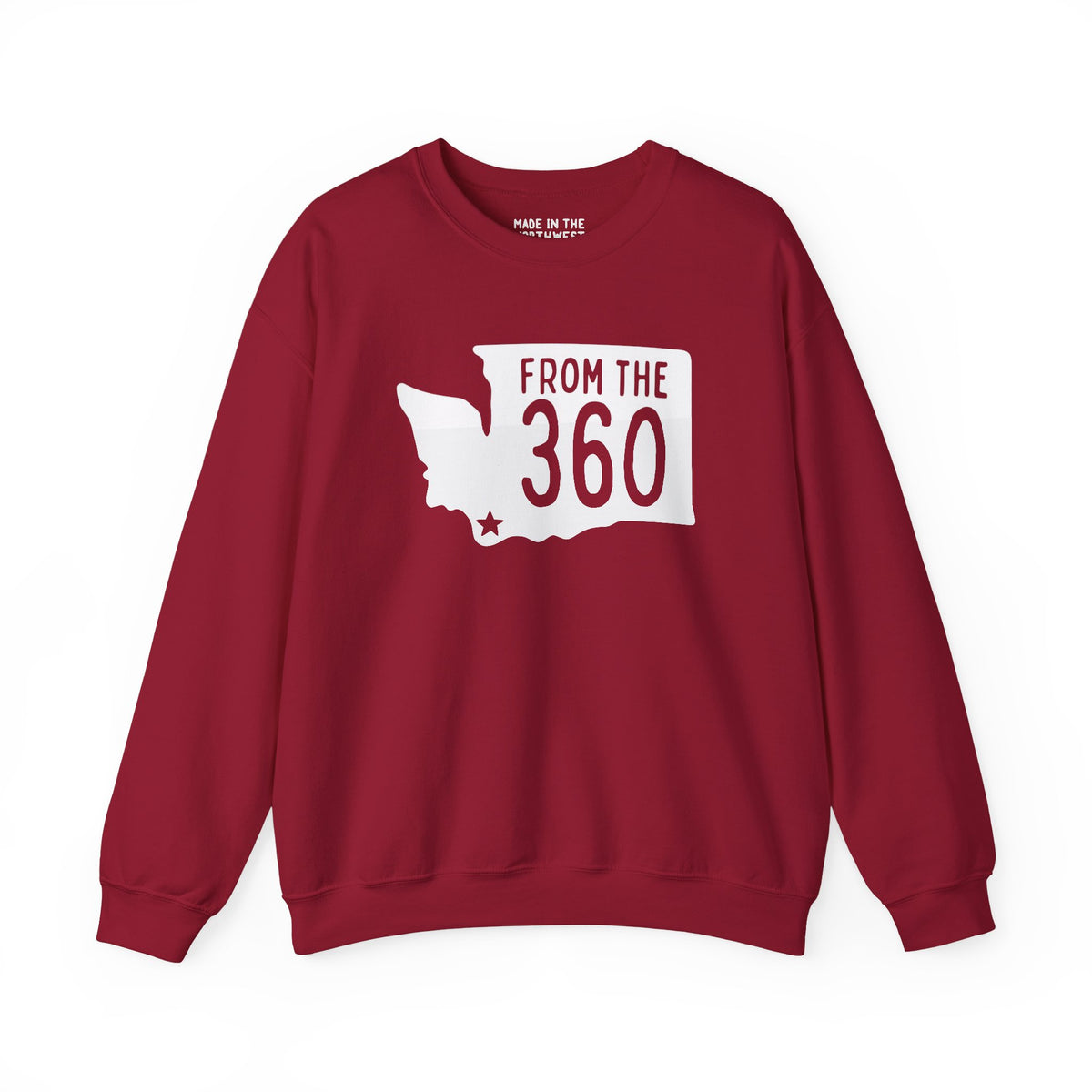 From the 360 Vancouver cozy sweatshirt in red featuring Washington state silhouette with a star marking Vancouver.