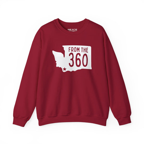 From the 360 Vancouver cozy sweatshirt in red featuring Washington state silhouette with a star marking Vancouver.