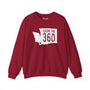 From the 360 Vancouver cozy sweatshirt in red featuring Washington state silhouette with a star marking Vancouver.