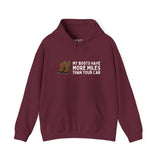 Maroon unisex hoodie with 'My Boots Have More Miles Than Your Car' design, ideal for hikers and outdoor enthusiasts.