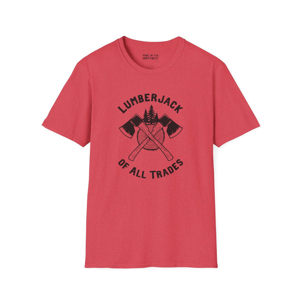 Lumberjack of All Trades softstyle t-shirt with axe graphics, perfect for rugged, hard-working individuals.