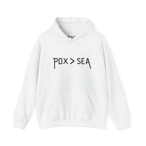 White PDX > SEA hoodie showcasing Portland pride with minimalist design.