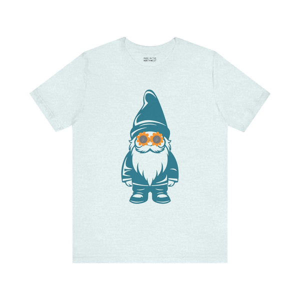 Teal gnome with daisy sunglasses on a soft tee, adding whimsy and fun to a PNW-inspired wardrobe.