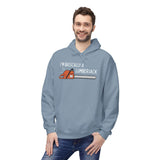 I'm basically a lumberjack hoodie with chainsaw graphic worn by a smiling man in a blue hoodie.