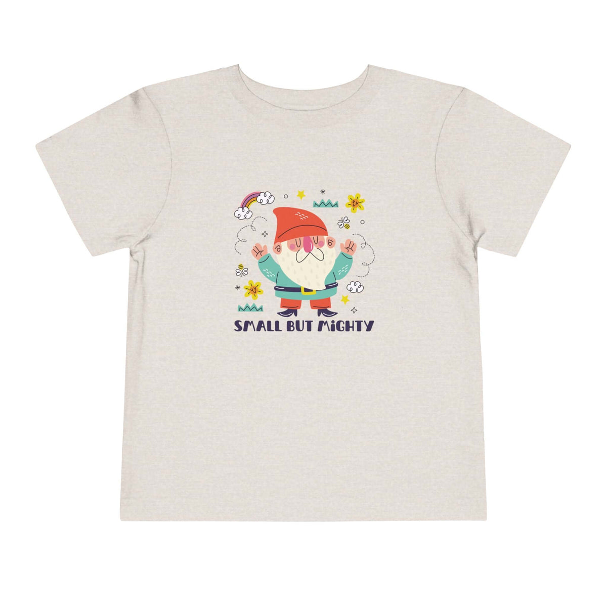 Small But Mighty toddler tee featuring an adorable gnome design, perfect for little adventurers.