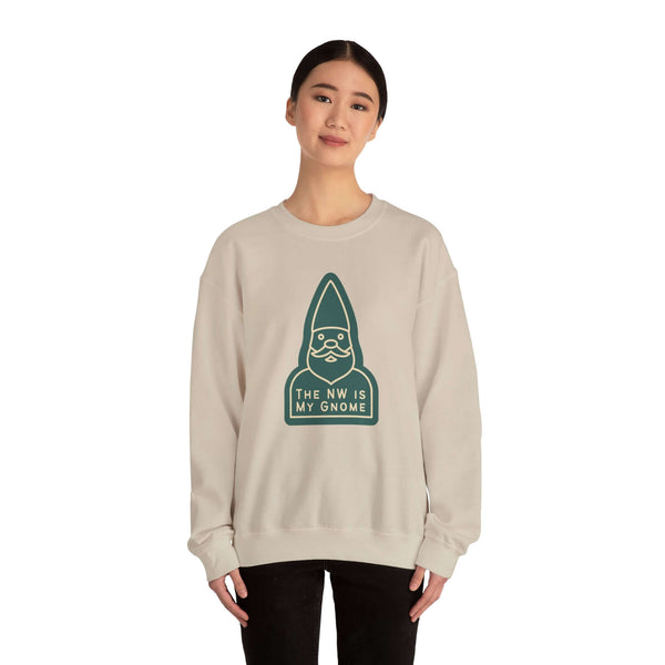 Woman wearing The NW Is My Gnome sweatshirt featuring a playful gnome design in a cozy style.