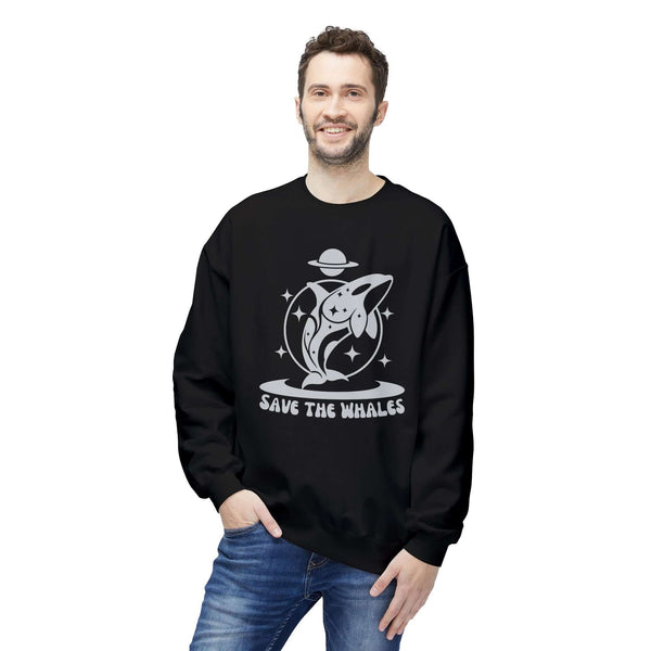Save the Whales Sweatshirt – Cozy Ocean Crewneck worn by a man, featuring a whale illustration and starry design.