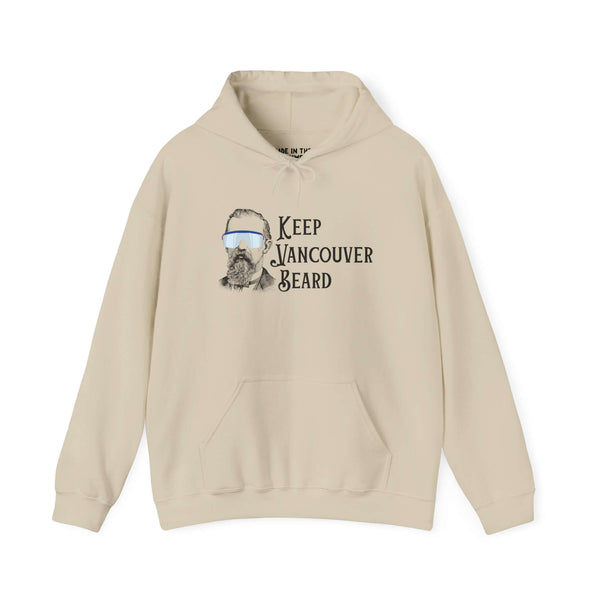 Keep Vancouver Beard hoodie featuring a vintage bearded icon and cool wraparounds, perfect for outdoor adventures.
