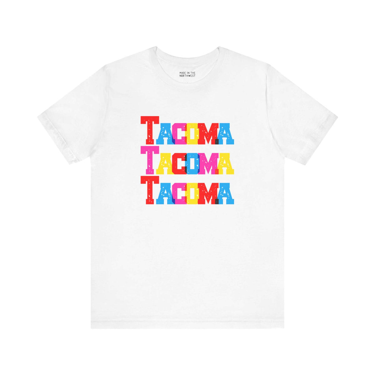 "White Tacoma trio soft tee with bold, colorful block-letter design celebrating Tacoma city style"