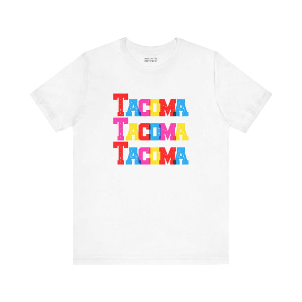 "White Tacoma trio soft tee with bold, colorful block-letter design celebrating Tacoma city style"