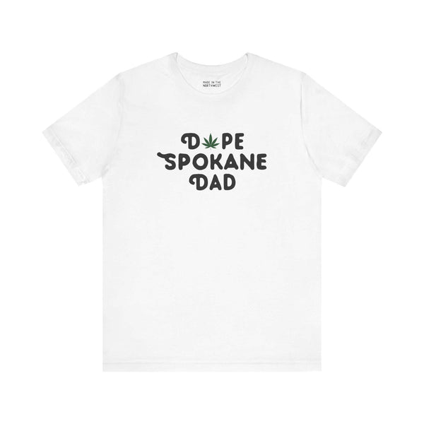 Dope Spokane Dad Soft Tee featuring marijuana leaf in place of 'O' on a white background, perfect for cool dads.