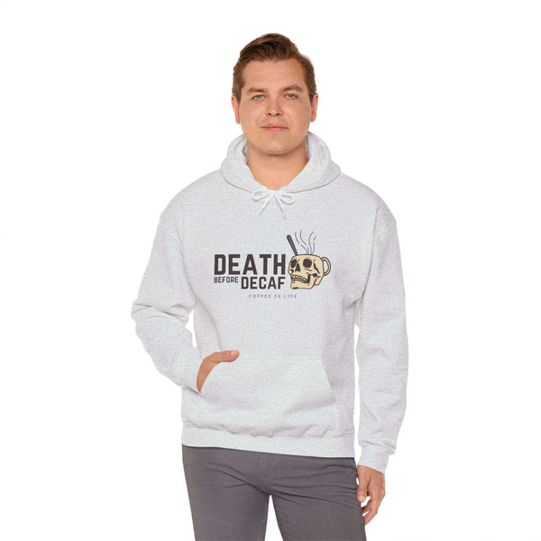 Man wearing a grey hoodie with the slogan 'Death Before Decaf' and a skull coffee mug design.