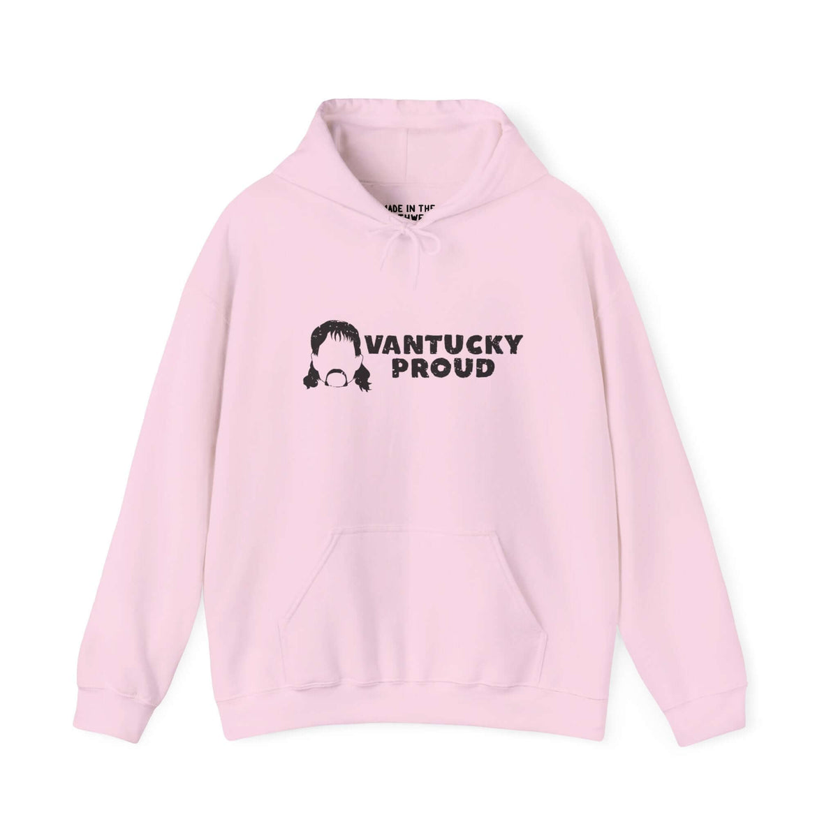 Vantucky Proud pink hoodie featuring Rusty McCoy design, symbolizing resilience and community spirit.