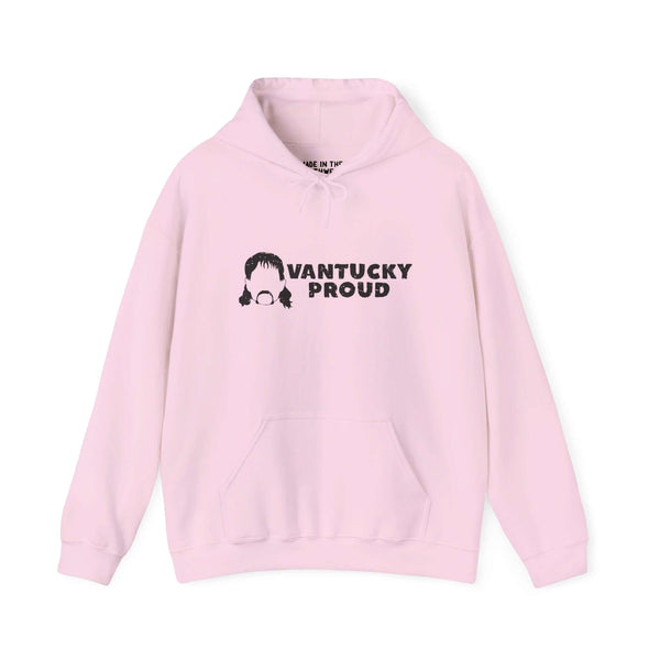 Vantucky Proud pink hoodie featuring Rusty McCoy design, symbolizing resilience and community spirit.