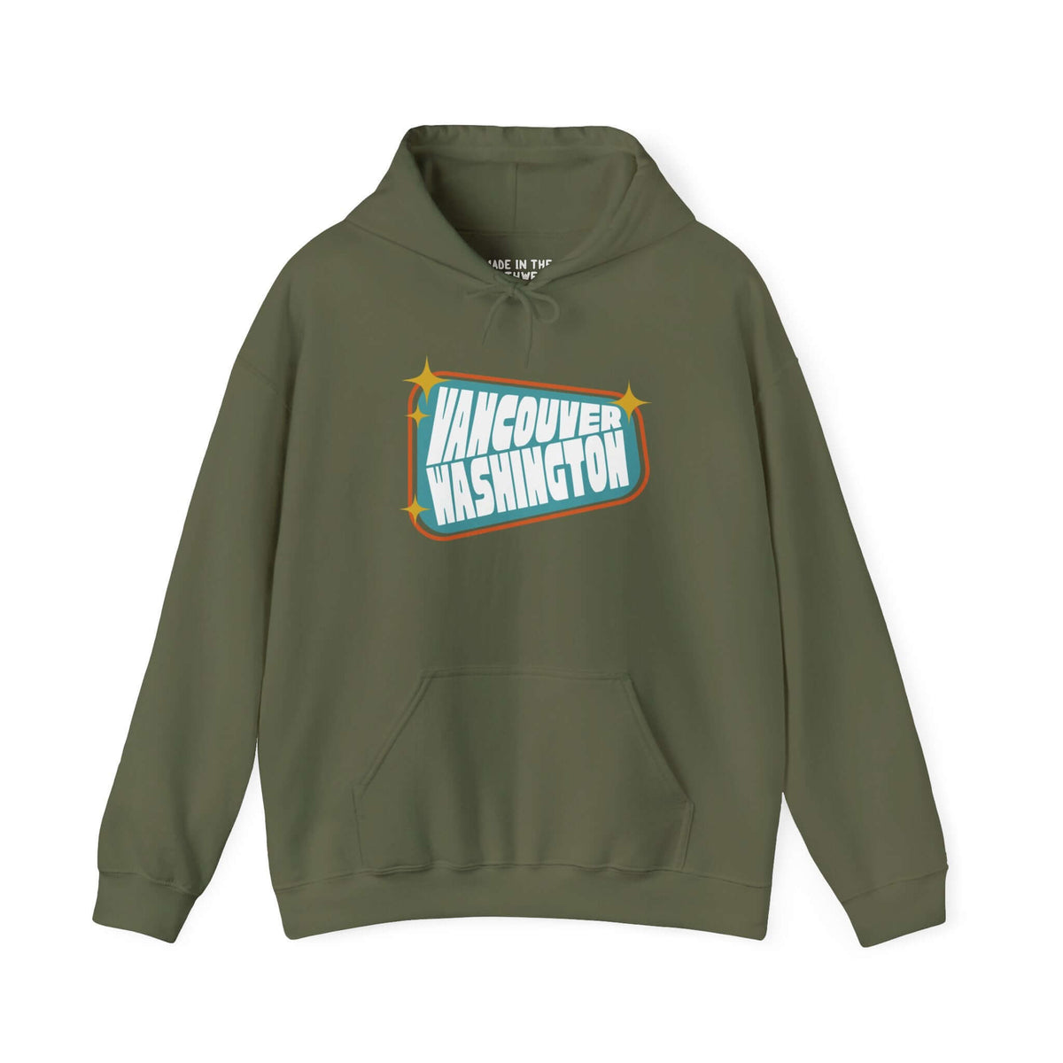 Retro Roadside Vancouver Sign hoodie in olive green featuring vintage-style graphic design.
