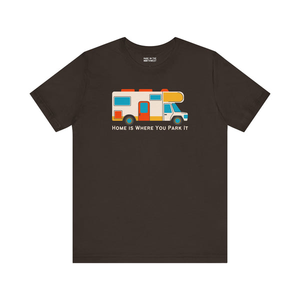 Home Is Where You Park It Premium Soft Tee featuring a colorful RV graphic for van lifers and adventurers.