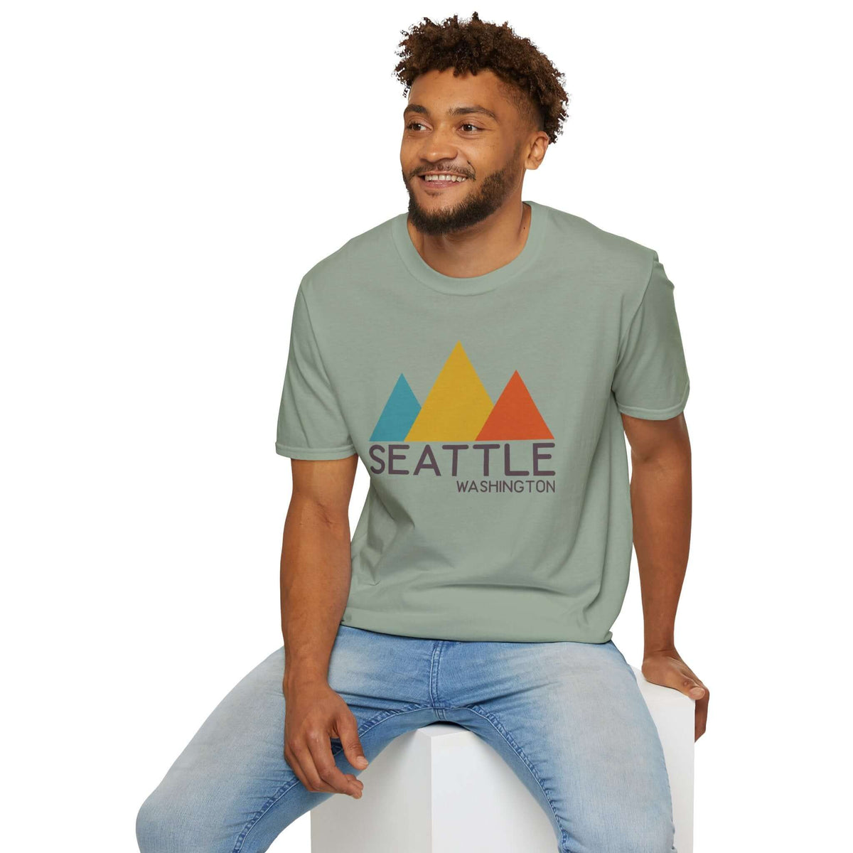 Modern Peaks Seattle T Shirt featuring minimalist mountain design in bold colors, perfect for Seattle lovers.