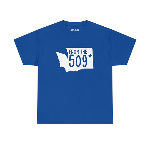 Blue "From the 509" athletic tee with Washington state silhouette and Spokane star design.