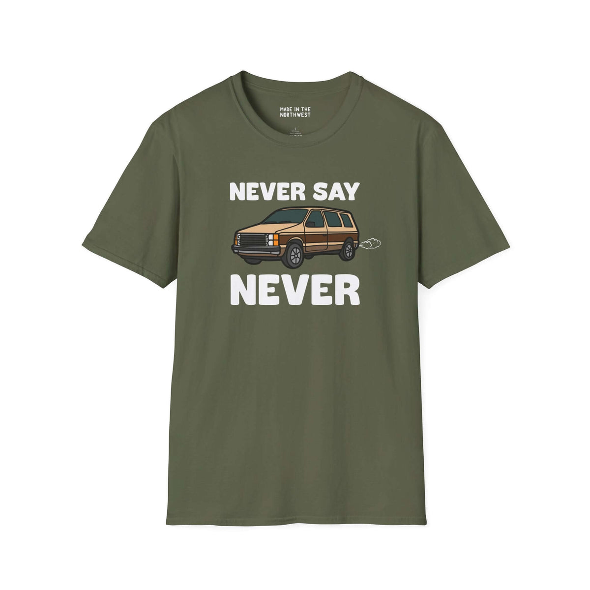 Never Say Never Vintage Van Softstyle T-Shirt featuring a Dodge Caravan graphic in olive green.