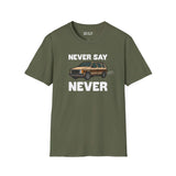 Never Say Never Vintage Van Softstyle T-Shirt featuring a Dodge Caravan graphic in olive green.